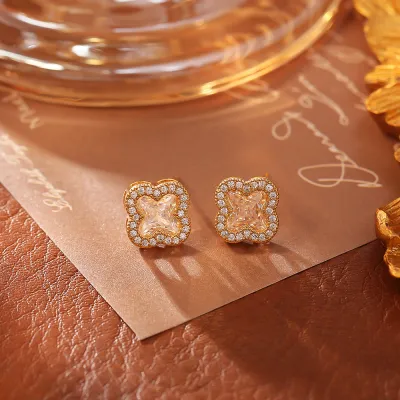 Women Fashion Multicolor Zircon Four-Leaf Clover Earrings