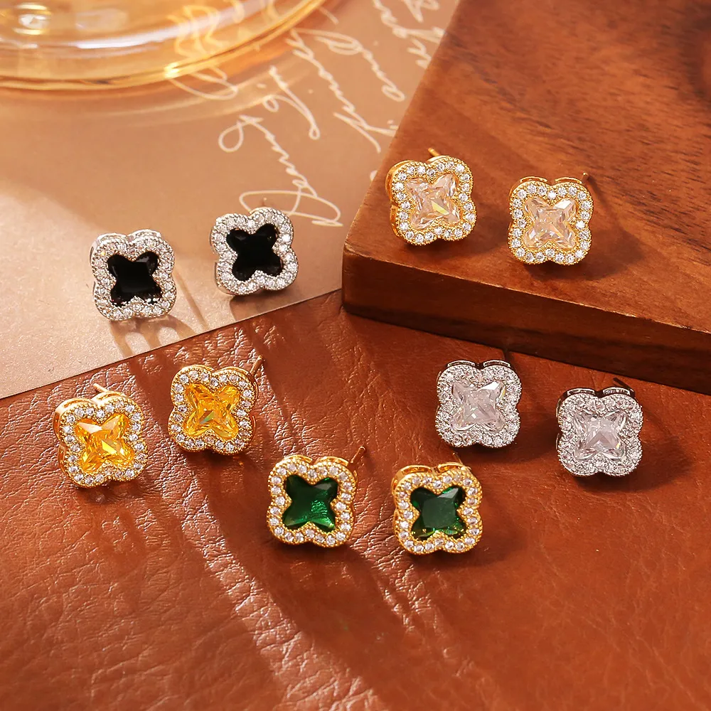 Women Fashion Multicolor Zircon Four-Leaf Clover Earrings