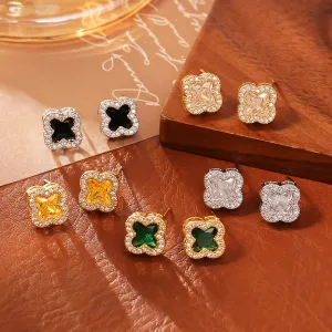 Women Fashion Multicolor Zircon Four-Leaf Clover Earrings