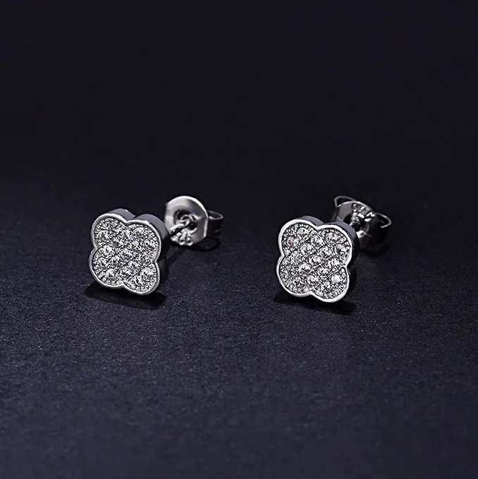 Women Fashion Zircon Four-Leaf Clover Floral Earrings