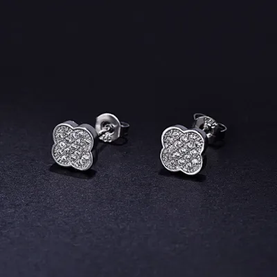 Women Fashion Zircon Four-Leaf Clover Floral Earrings