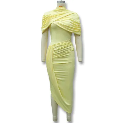 Women'S Fashion Sexy Solid Color Stitching Short-Sleeve Backless Shawl Pleated Slim-Fit Dress