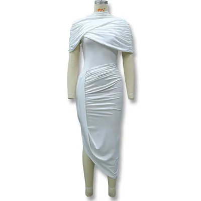 Women'S Fashion Sexy Solid Color Stitching Short-Sleeve Backless Shawl Pleated Slim-Fit Dress