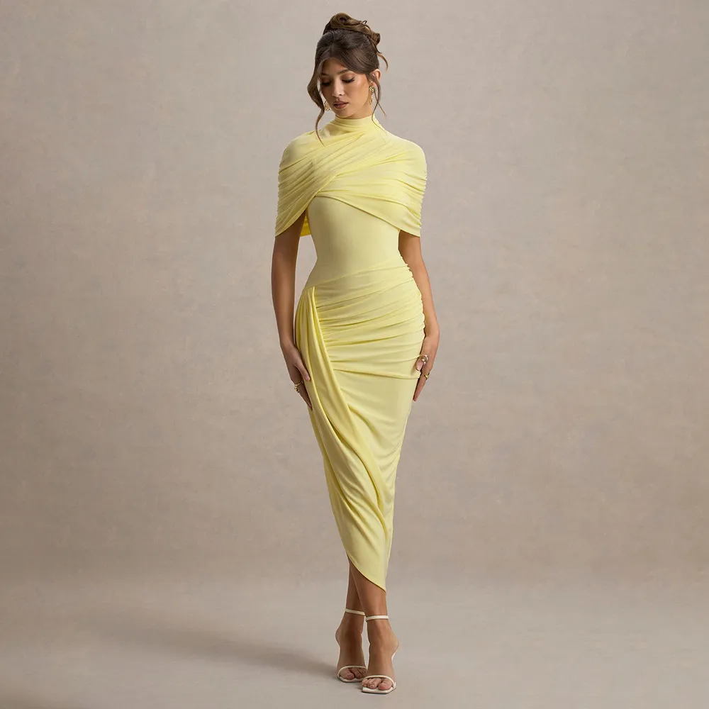 Women'S Fashion Sexy Solid Color Stitching Short-Sleeve Backless Shawl Pleated Slim-Fit Dress