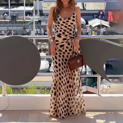 Women Fashion Sexy Summer Polka-Dot Printed Spaghetti Straps Dress