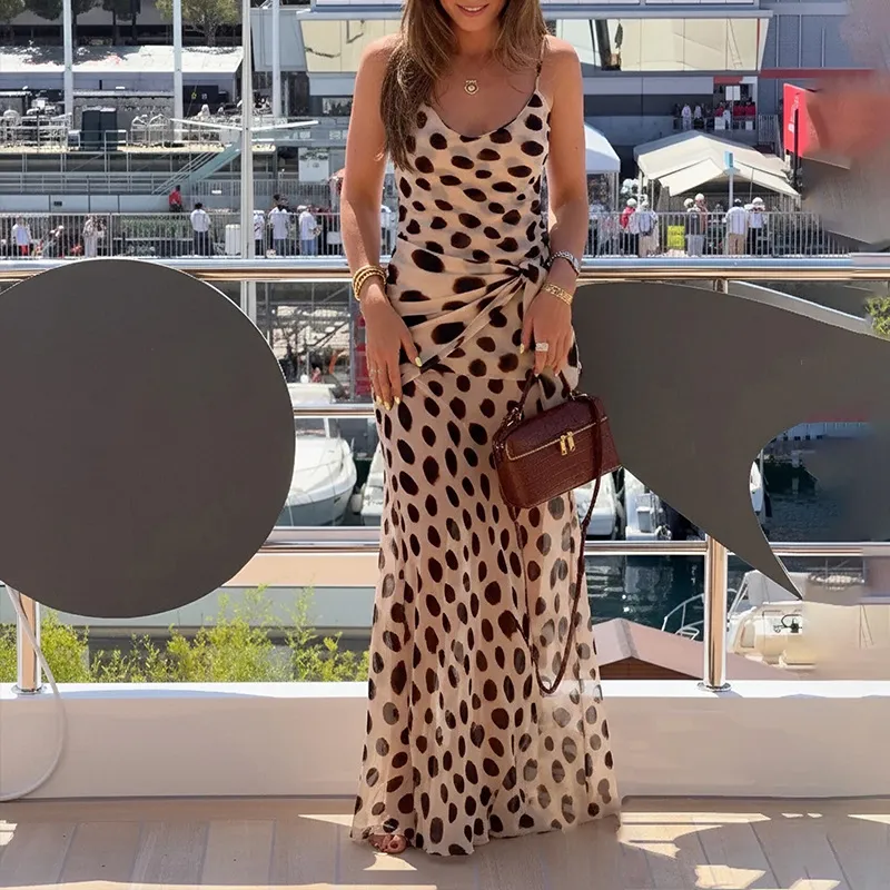 Women Fashion Sexy Summer Polka-Dot Printed Spaghetti Straps Dress