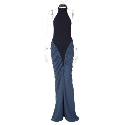 Women Fashion Sexy Stitching Color Sleeveless Backless Long Dress