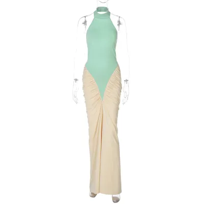 Women Fashion Sexy Stitching Color Sleeveless Backless Long Dress