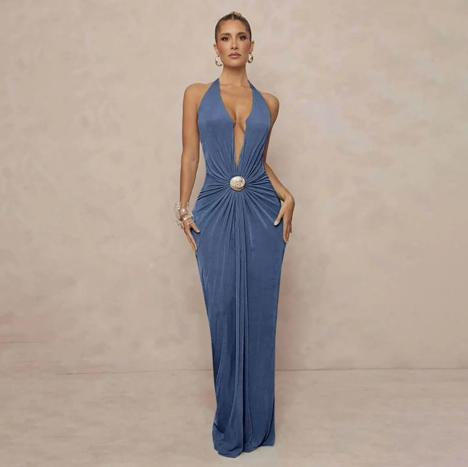 Women Fashion Sexy Solid Color V-Neck Halter-Neck Backless Dress
