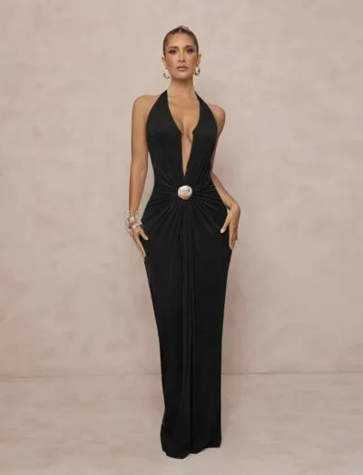 Women Fashion Sexy Solid Color V-Neck Halter-Neck Backless Dress