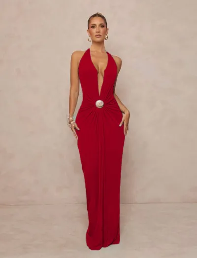 Women Fashion Sexy Solid Color V-Neck Halter-Neck Backless Dress