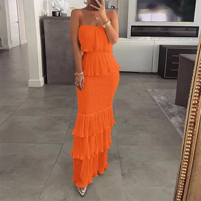 Women'S Fashion Sexy Elegant Solid Color Sleeveless Tube Top Pleated Ruffled Dress