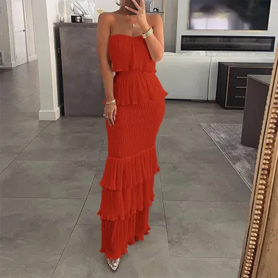 Women'S Fashion Sexy Elegant Solid Color Sleeveless Tube Top Pleated Ruffled Dress