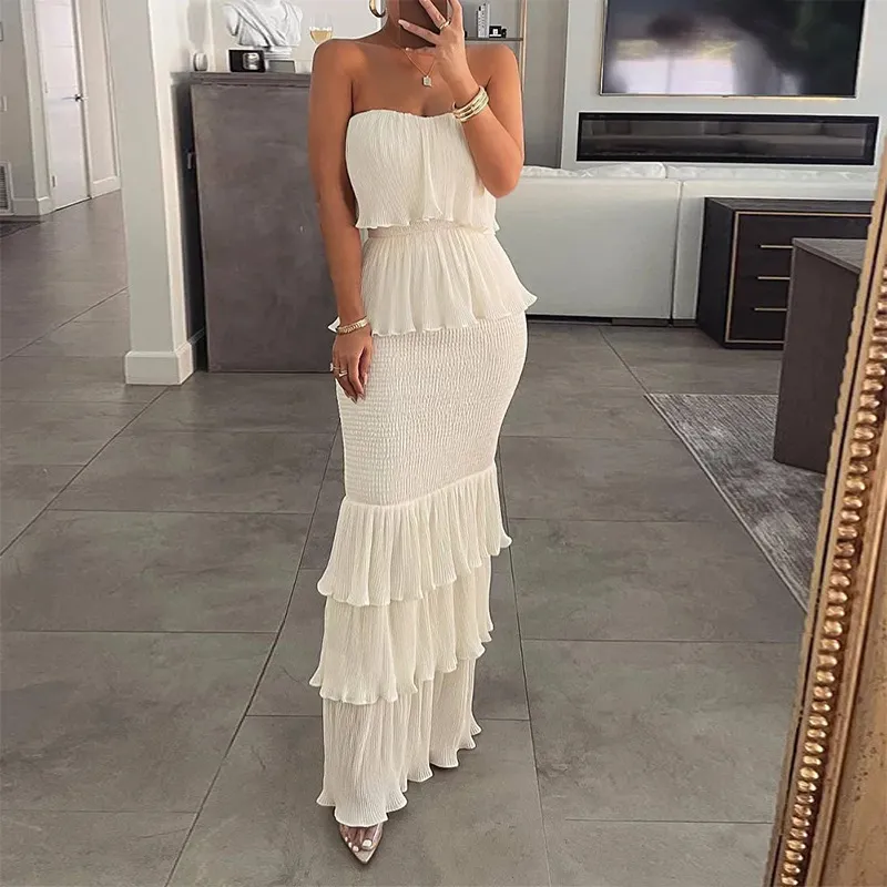 Women'S Fashion Sexy Elegant Solid Color Sleeveless Tube Top Pleated Ruffled Dress