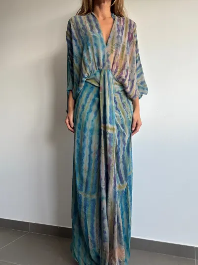 Women Fashion Casual Printed V-Collar Long-Sleeve Tight Waist Lace-Up Dress