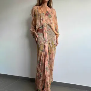 Women Fashion Casual Printed V-Collar Long-Sleeve Tight Waist Lace-Up Dress