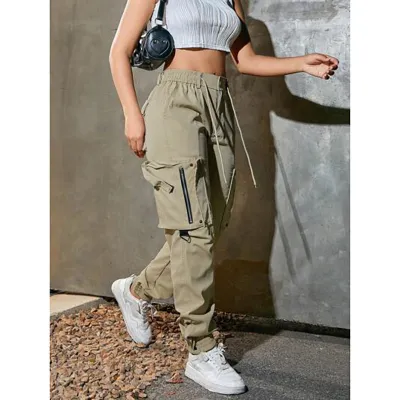 Women Fashion Casual Spring And Autumn Solid Color Loose Multi-Pocket Cargo Pants