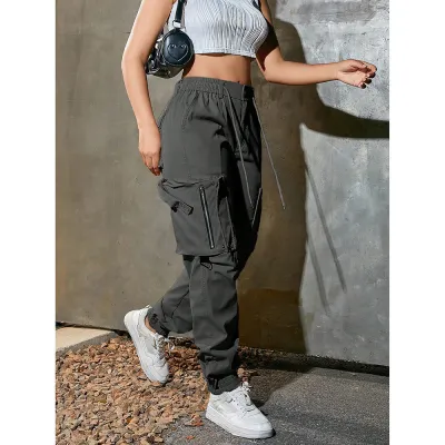 Women Fashion Casual Spring And Autumn Solid Color Loose Multi-Pocket Cargo Pants