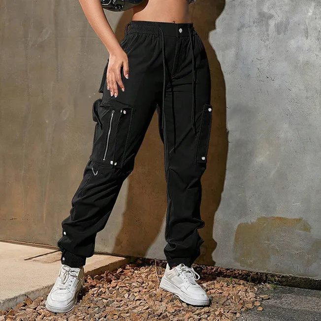 Women Fashion Casual Spring And Autumn Solid Color Loose Multi-Pocket Cargo Pants