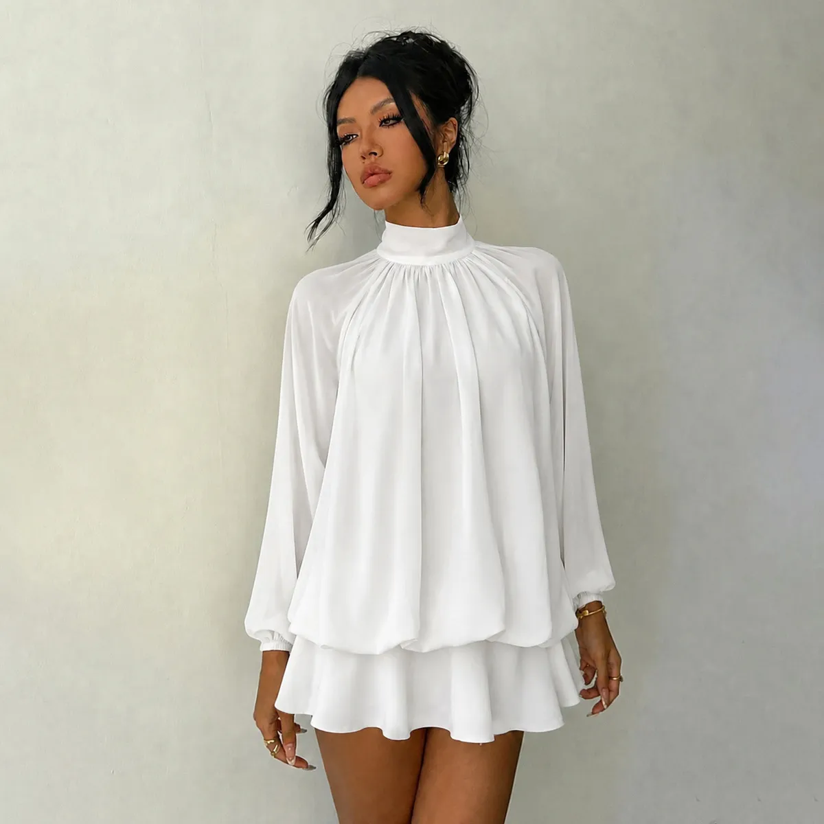 Women'S Fashion Casual Solid Color Half-Turtleneck Long Sleeve Pleated Dress