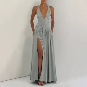 Women Fashion Elegant Summer Solid Color V-Neck Halter-Neck Pleated Split Slim Fit A-Line Dress