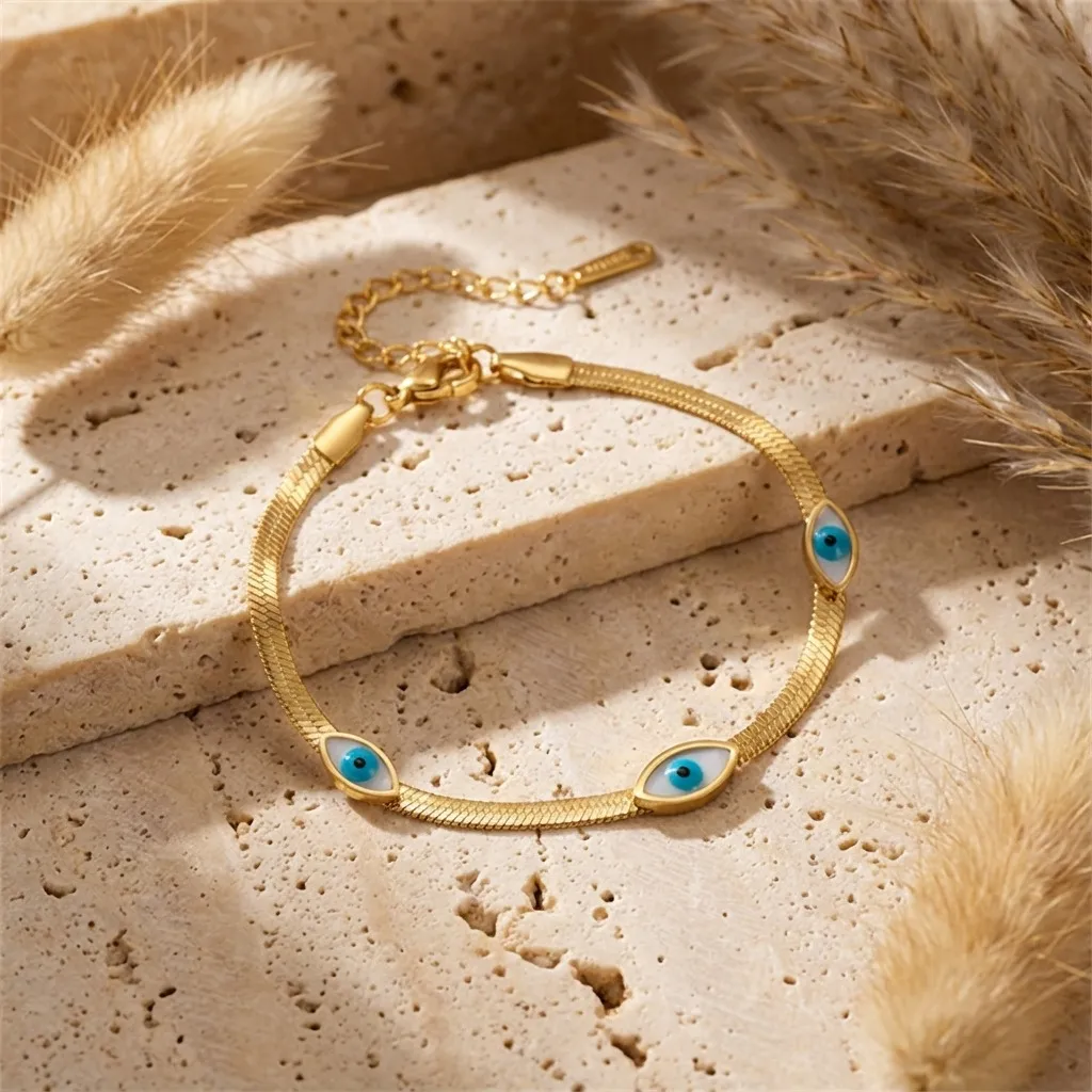 Men Fashion Evil Eye Stainless Steel 18k Gold Flat Snake Bone Chain Bracelet