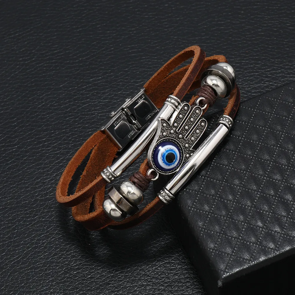 Men'S Fashion Stainless Steel Evil Eye Cowhide Rope Handmade Woven Bracelet