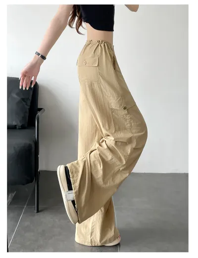 Women Fashion Casual Solid Color Quick-Drying Thin High-Waist Wide-Leg Pants