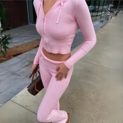 Autumn And Winter Women Fashion Solid Color Zipper Hooded Top And Pants Knitted Two-Piece Set