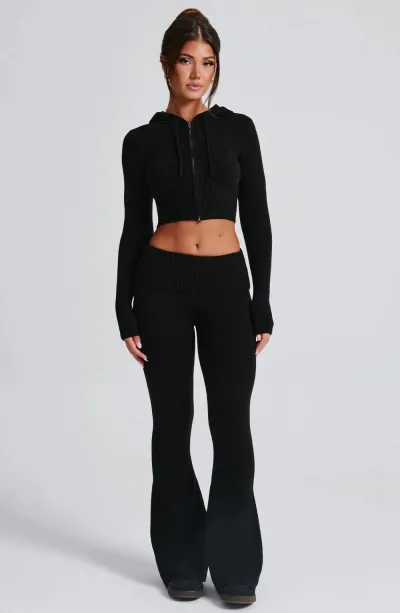 Autumn And Winter Women Fashion Solid Color Zipper Hooded Top And Pants Knitted Two-Piece Set