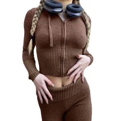 Autumn And Winter Women Fashion Solid Color Zipper Hooded Top And Pants Knitted Two-Piece Set