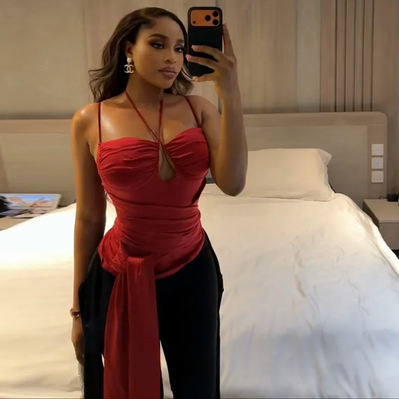 Women Sexy Fashion Solid Color Pleated Neck Top