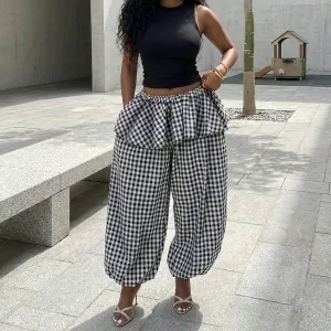 Women Fashion Casual Plaid Printed Wide-Leg Ruffle Pants