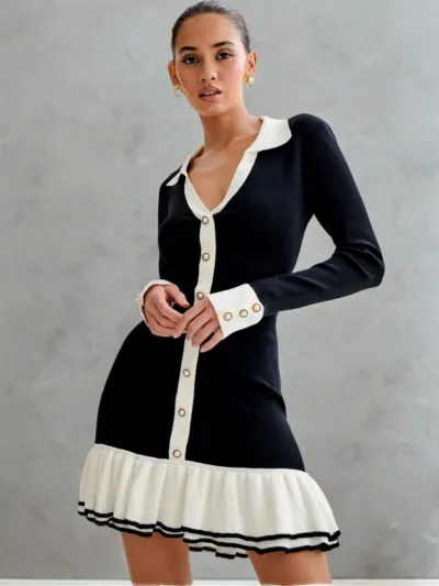 Autumn Women Fashion Long-Sleeved Single-Breasted Double-Layer Ruffled Knit Dress