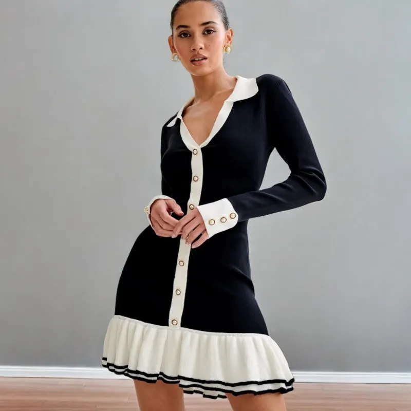 Autumn Women Fashion Long-Sleeved Single-Breasted Double-Layer Ruffled Knit Dress