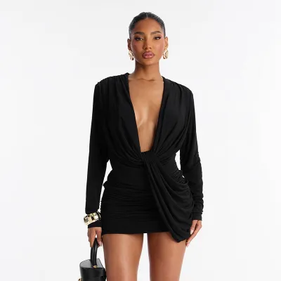 Women Fashion Sexy Solid Color Deep V-Neck Long-Sleeve Pleated Slim-Fit Dress