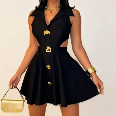 Women Fashion Elegant Summer Solid Color Polo Collar Sleeveless Waisted A- Line Dress