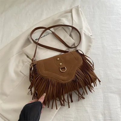 Women Fashion Retro Frosted Tassel Saddle Square Shoulder Bag