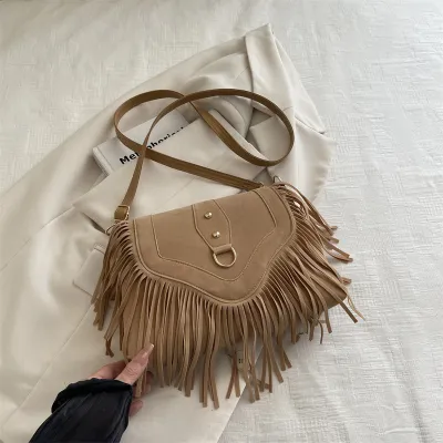 Women Fashion Retro Frosted Tassel Saddle Square Shoulder Bag