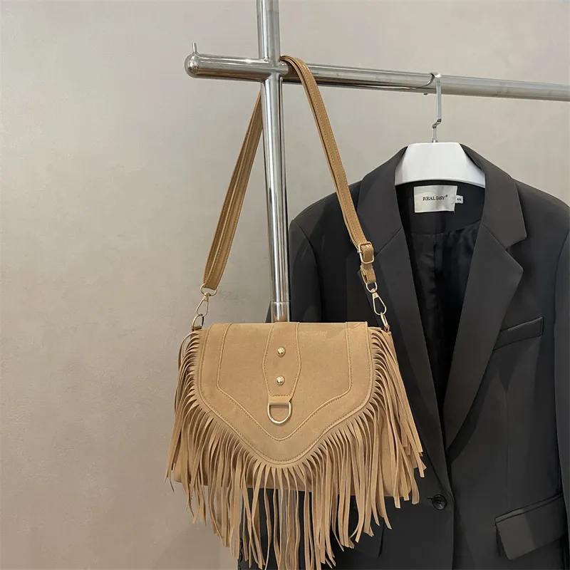 Women Fashion Retro Frosted Tassel Saddle Square Shoulder Bag