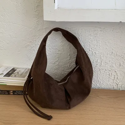 Women Fashion Retro Autumn And Winter Suede Semi-Round Pleated Shoulder Bag
