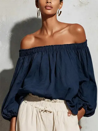 Women Fashion Sexy Cotton Linen Solid Color Off-Shoulder Lantern Sleeve Blouse