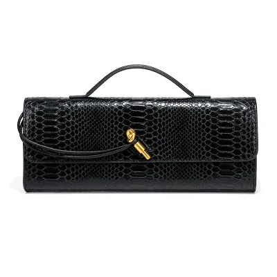Women Fashion Solid Color Snake-Print Horizontal Buckle Clutch Evening Bag