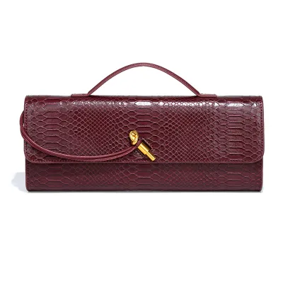 Women Fashion Solid Color Snake-Print Horizontal Buckle Clutch Evening Bag