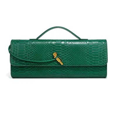 Women Fashion Solid Color Snake-Print Horizontal Buckle Clutch Evening Bag