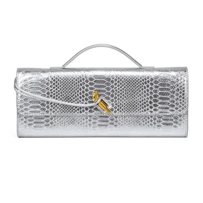 Women Fashion Solid Color Snake-Print Horizontal Buckle Clutch Evening Bag