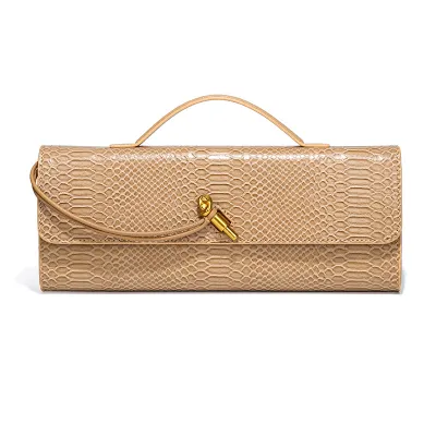 Women Fashion Solid Color Snake-Print Horizontal Buckle Clutch Evening Bag