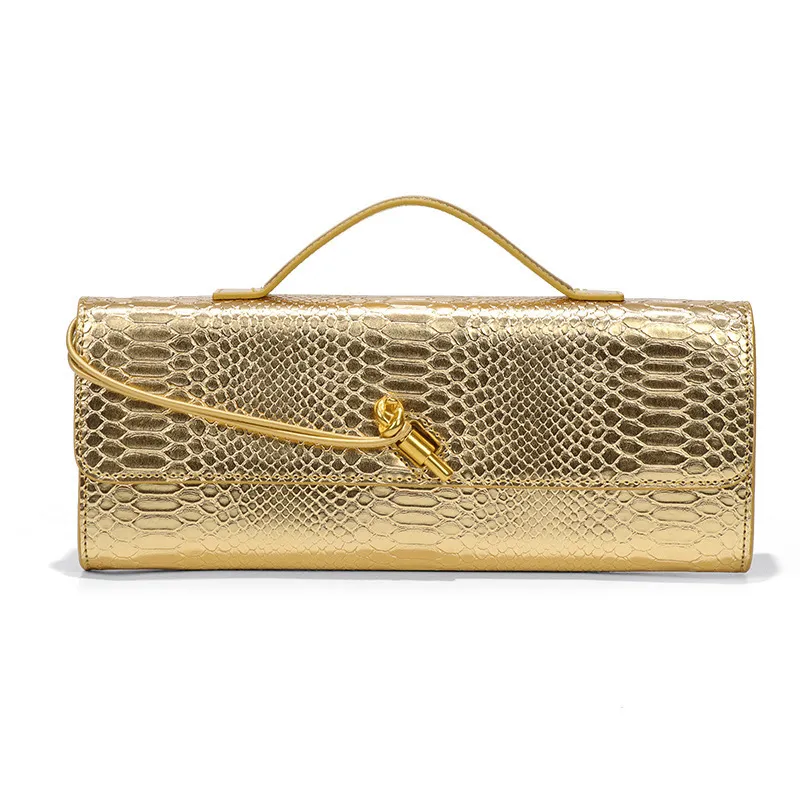 Women Fashion Solid Color Snake-Print Horizontal Buckle Clutch Evening Bag
