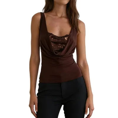 Women Fashion Sexy Spring And Summer U Collar Sequins Sleeveless Slim-Fit Tank Top