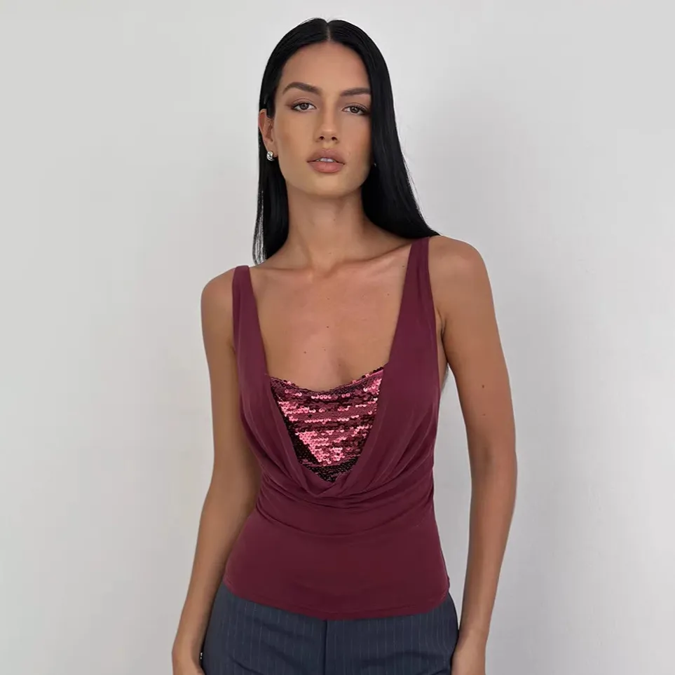 Women Fashion Sexy Spring And Summer U Collar Sequins Sleeveless Slim-Fit Tank Top